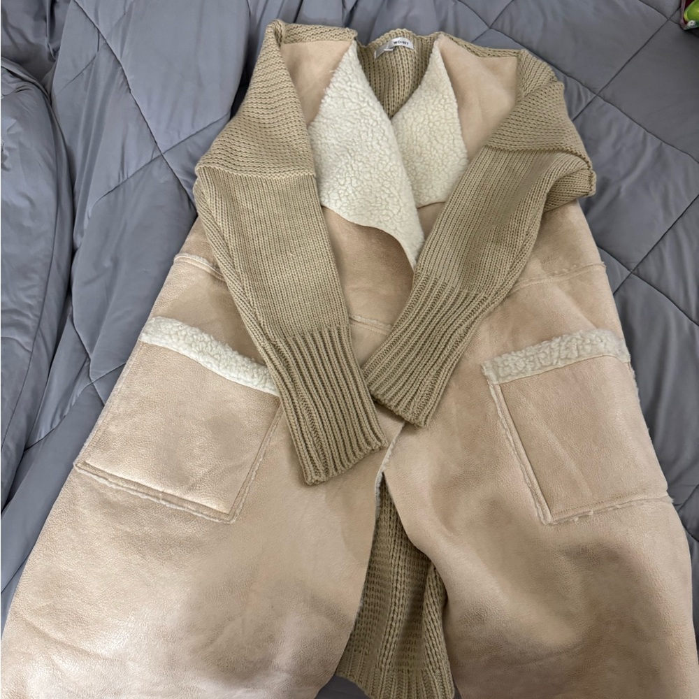 Beige Shearling-Lined Coatigan with Ribbed Knit Sleeves
